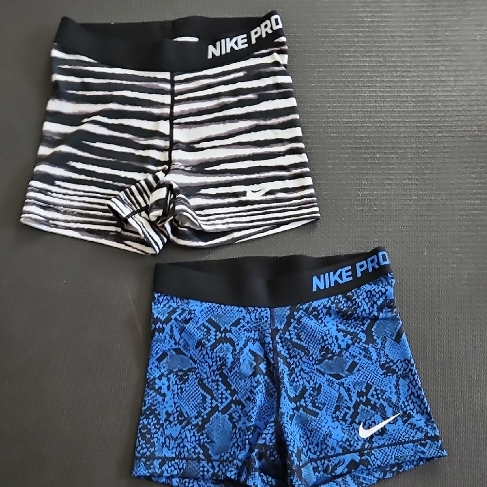 Nike Pro Women's Shorts - Black Striped and Blue Patterned
